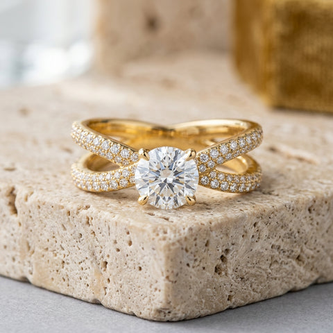 Intertwined / Criss-Cross Solitaire Ring with Pavé Band