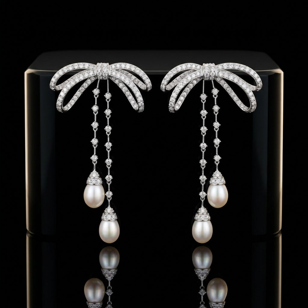 The Noeud Céleste Pearl & Diamond Ribbon Drop Earrings