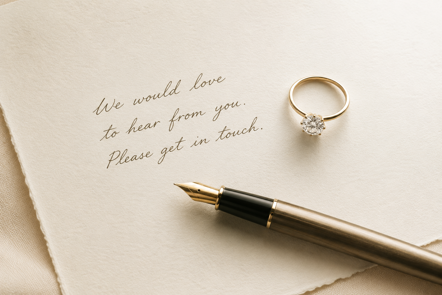 Gold ring and fountain pen on a letter with a message on beige paper