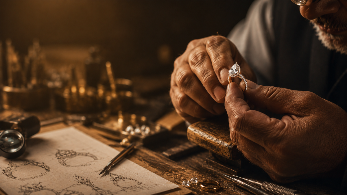 Person examining a diamond with jewelry-making tools and materials on a table.
