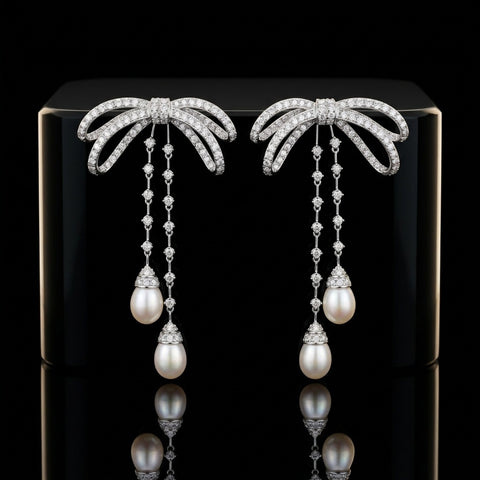 The Noeud Céleste Pearl & Diamond Ribbon Drop Earrings