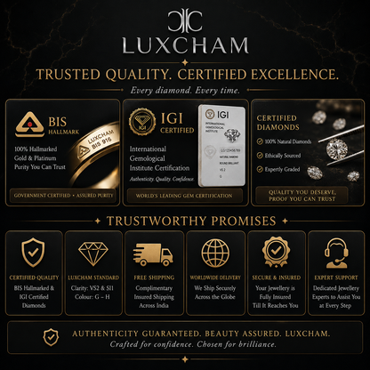 Luxury LUXCHAM natural diamond jewellery certification guide featuring BIS hallmark purity, IGI certified diamonds, VS2–SI1 clarity, G–H colour standard, secure insured delivery, and expert support.